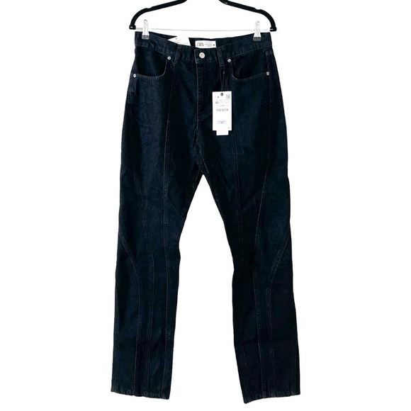 NWT ZARA The Panelled Slim Black Denim Pants Sz 40 - Picture 2 of 7